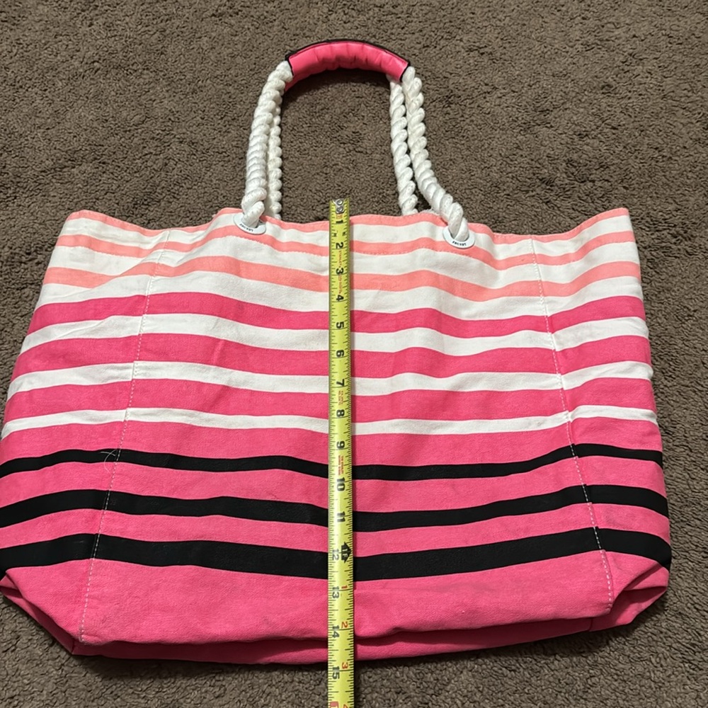 Victoria’s Secret Tote-Striped Pink White Black Peach-Open Top-“Rope” Handles - Picture 15 of 16